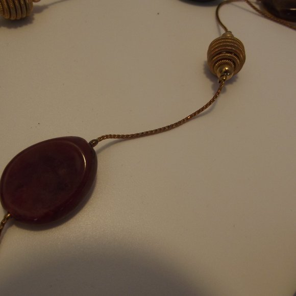 Extra LONG Gold Tone Chain Necklace Amber Cranberry & Green Tones with Gold - Picture 5 of 9